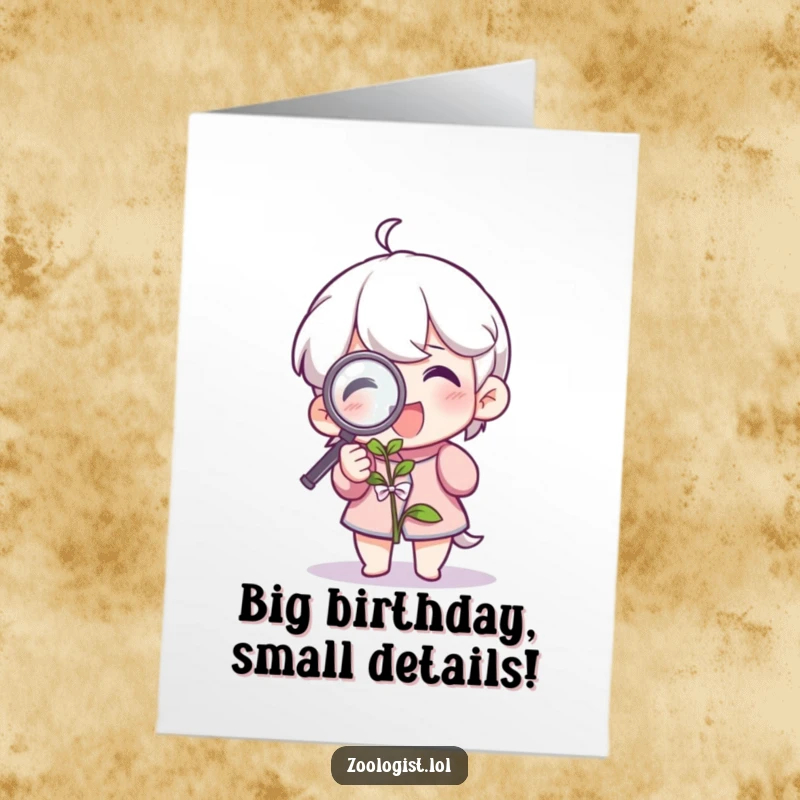 Funny Free Printable Birthday Card: Character joyfully examining a plant with a magnifying glass, plant lover humor.