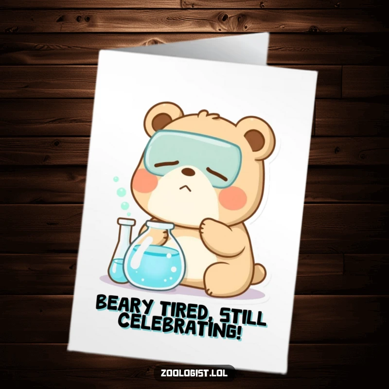Funny free printable Kawaii bear zoologist yawning deeply next to a bubbling beaker, dreaming of birthday cake.