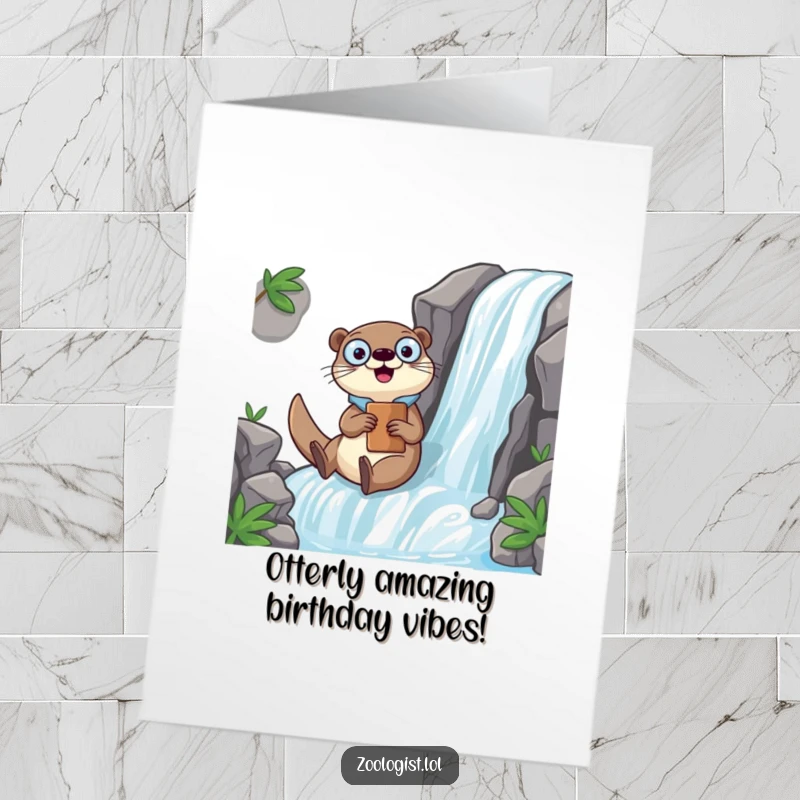 Funny free printable Kawaii otter zoologist gleefully sliding down a waterfall with a clipboard, celebrating a birthday discovery.