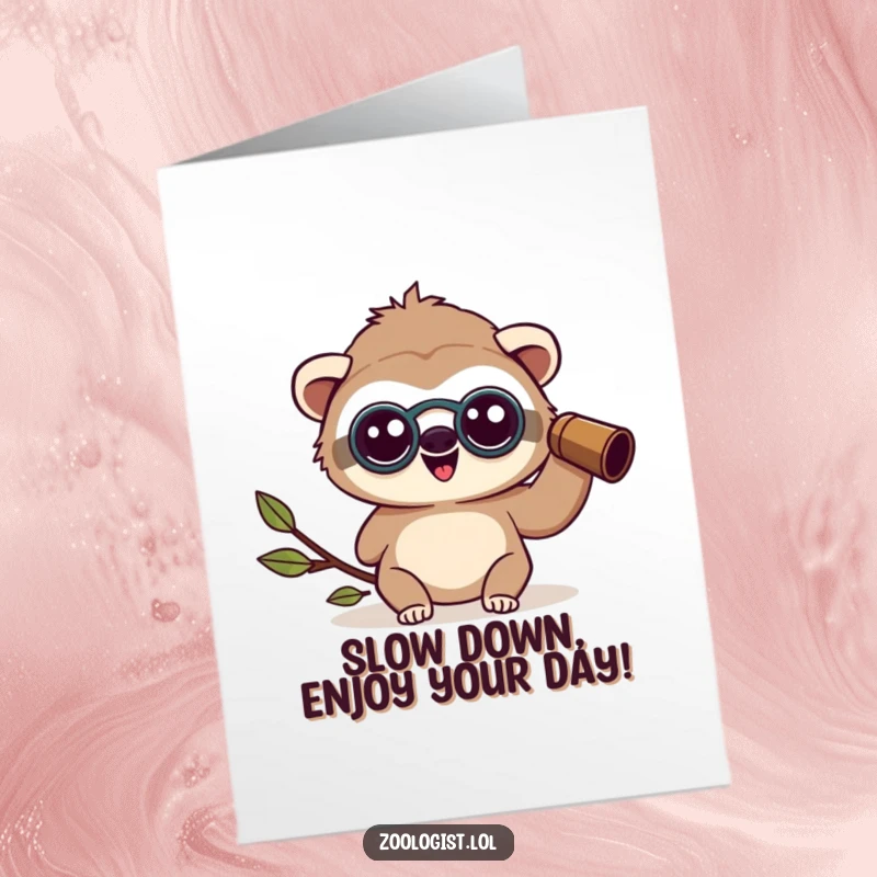 Funny Free Printable Birthday Card: Happy Kawaii sloth zoologist wearing binoculars, looking amazed at something wondrous.