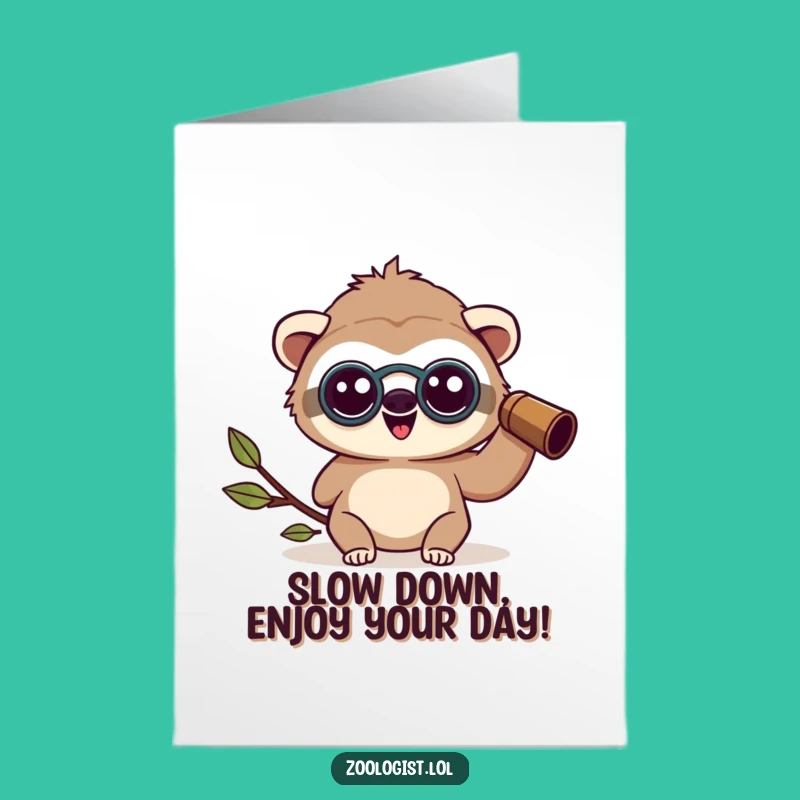 Free Printable Kawaii Sloth Zoologist Birthday Card - Amazed & Binoculars Funny Downloadable Gift