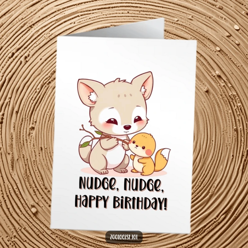 Funny Free Printable Birthday Card: Curious animal character gently nudging a small creature with a twig, a moment of gentle interaction.