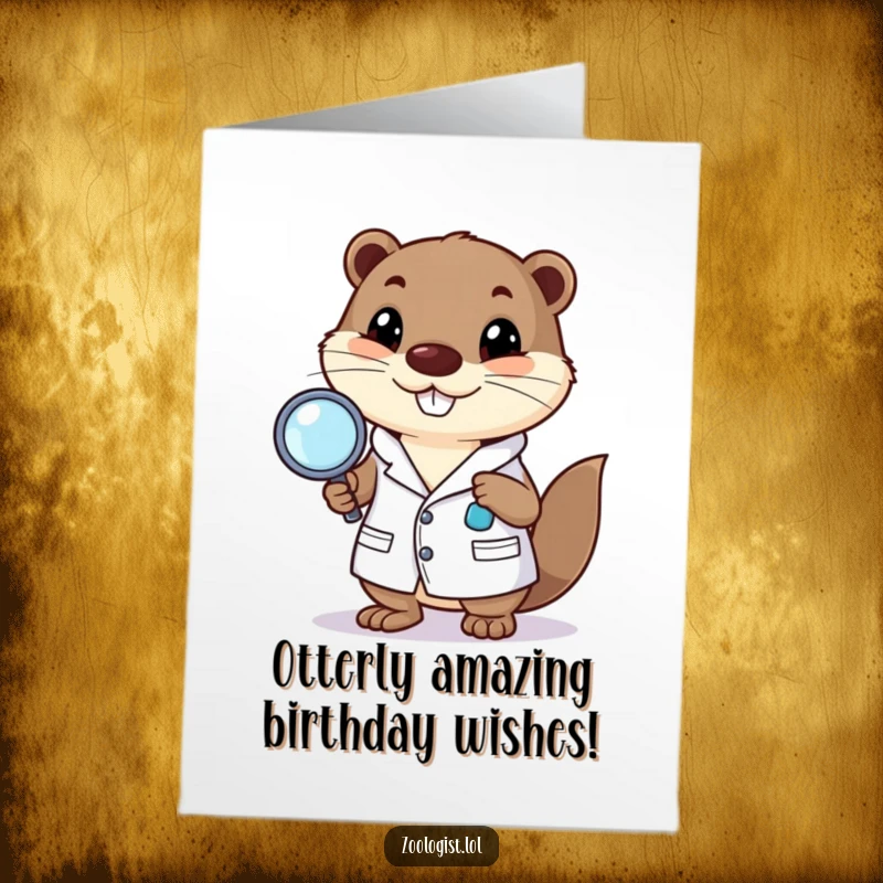 Funny Free Printable Birthday Card: Happy otter in a lab coat examining something closely with a magnifying glass, celebrating discovery.