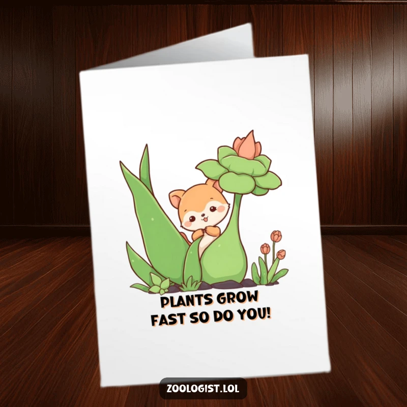Funny Free Printable Birthday Card featuring a cute animal curiously poking a giant, vibrant plant, making a curious expression.