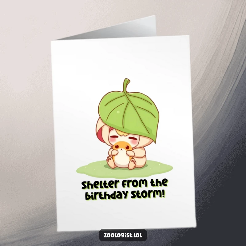 Funny Free Printable Birthday Card: Character gently shelters a small animal under a leaf, showing protective care.