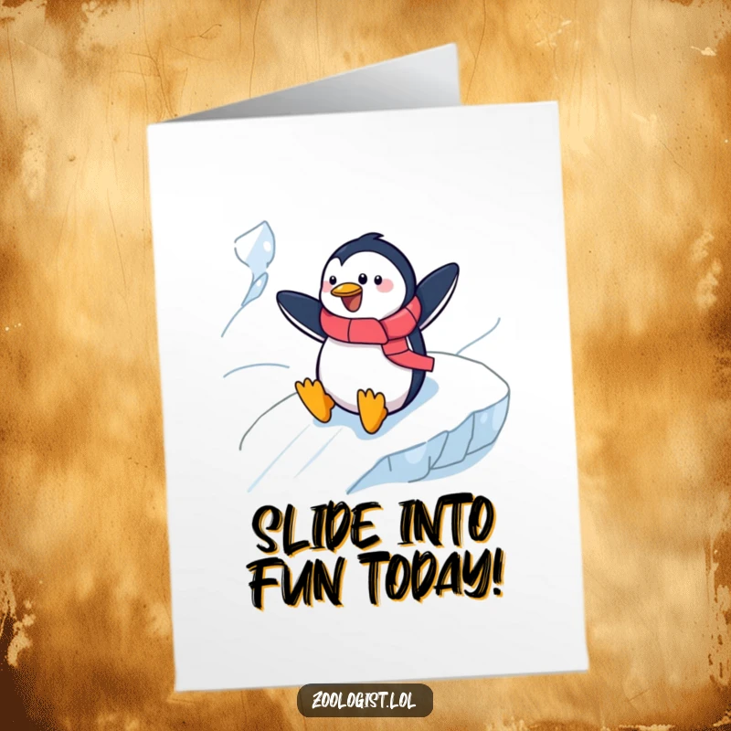 Funny Free Printable Birthday Card showing a cheerful penguin zoologist sliding down an icy slope with great enthusiasm.