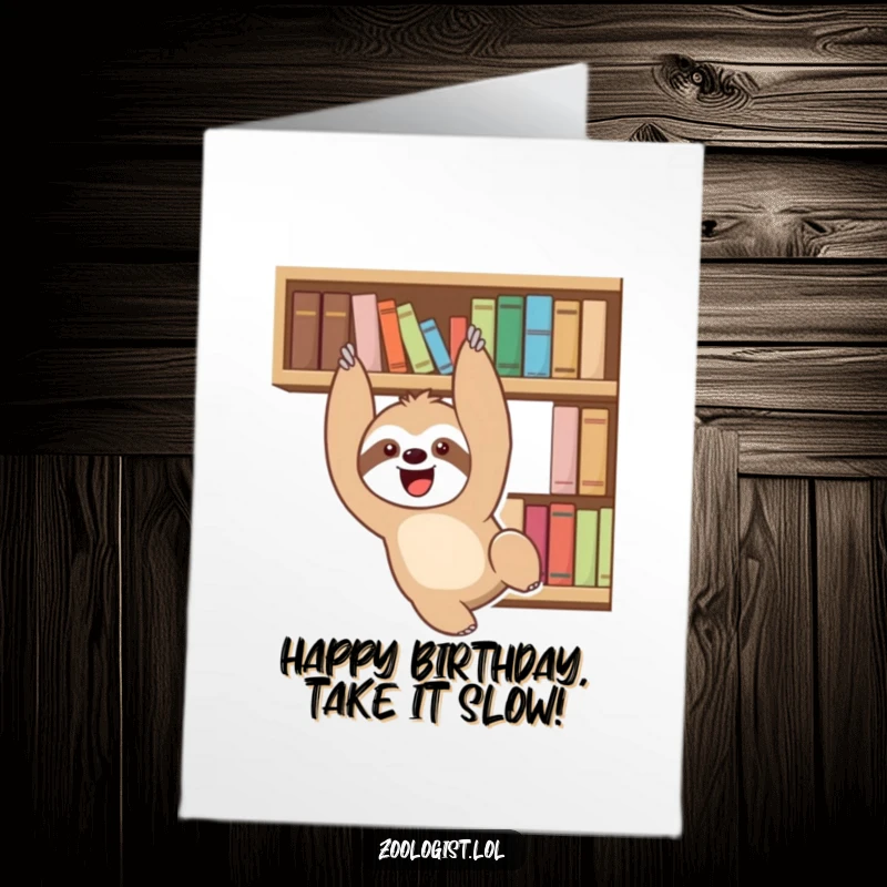 Funny free printable birthday card: a delighted sloth hangs lazily from a bookshelf, wishing a slow and happy birthday.