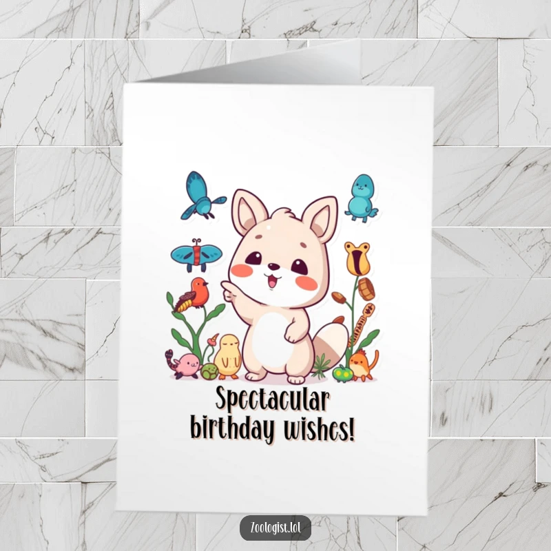 Funny Free Printable Birthday Card: A cute animal character excitedly points to collected specimens, sharing birthday cheer, a great DIY gift.