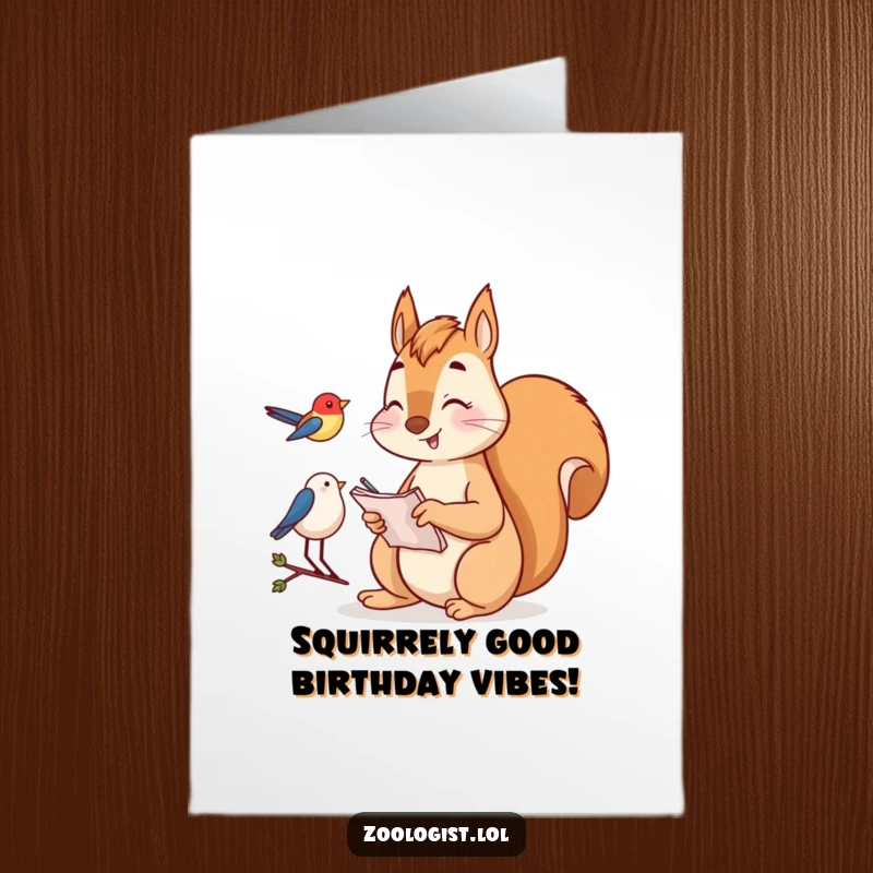 Funny free printable birthday card: A happy squirrel diligently taking notes while observing a bird, celebrating a birthday.
