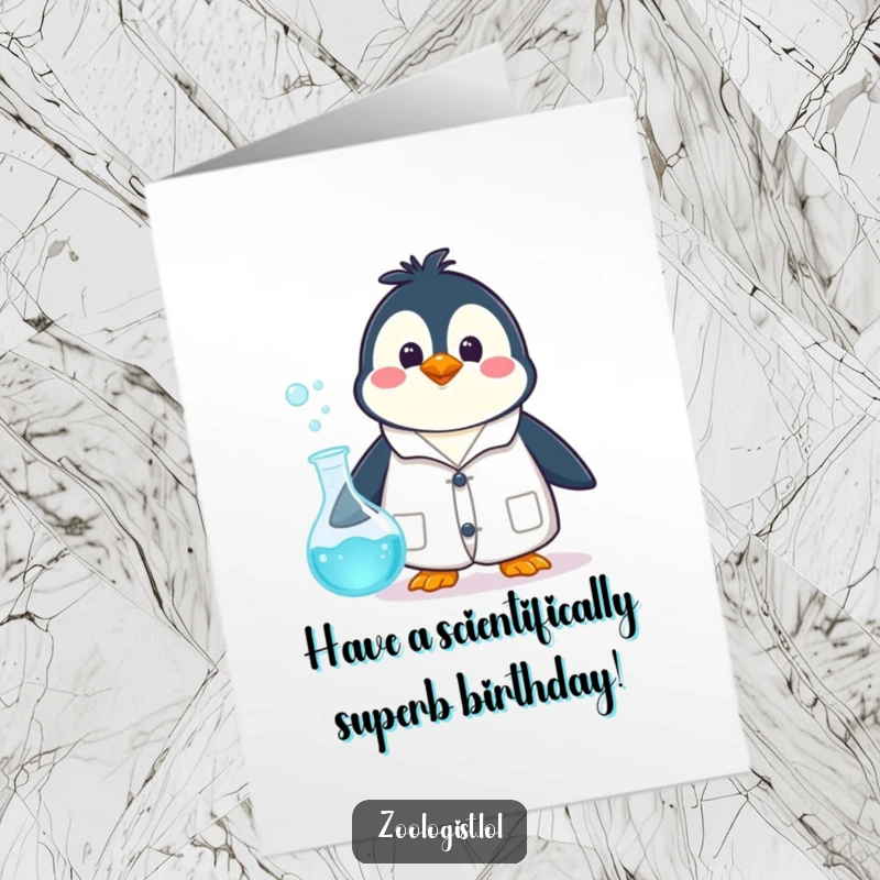 Funny free printable birthday card: a penguin in a lab coat looks shocked at a bubbling beaker, celebrating a birthday.