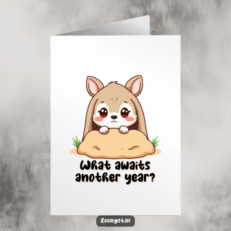 Funny Free Printable Birthday Card: Cute animal character peering into a burrow with a quizzical expression, full of wonder.