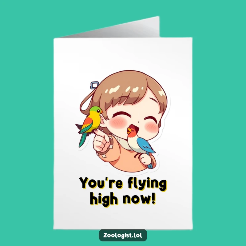 Free Printable Birthday Card: Happy Character Points to Bird - Funny Downloadable Gift