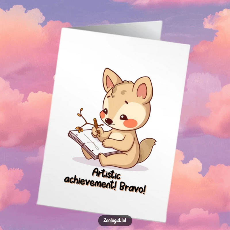 Funny free printable congratulations card featuring an animal artist diligently sketching in a notepad with a twig.