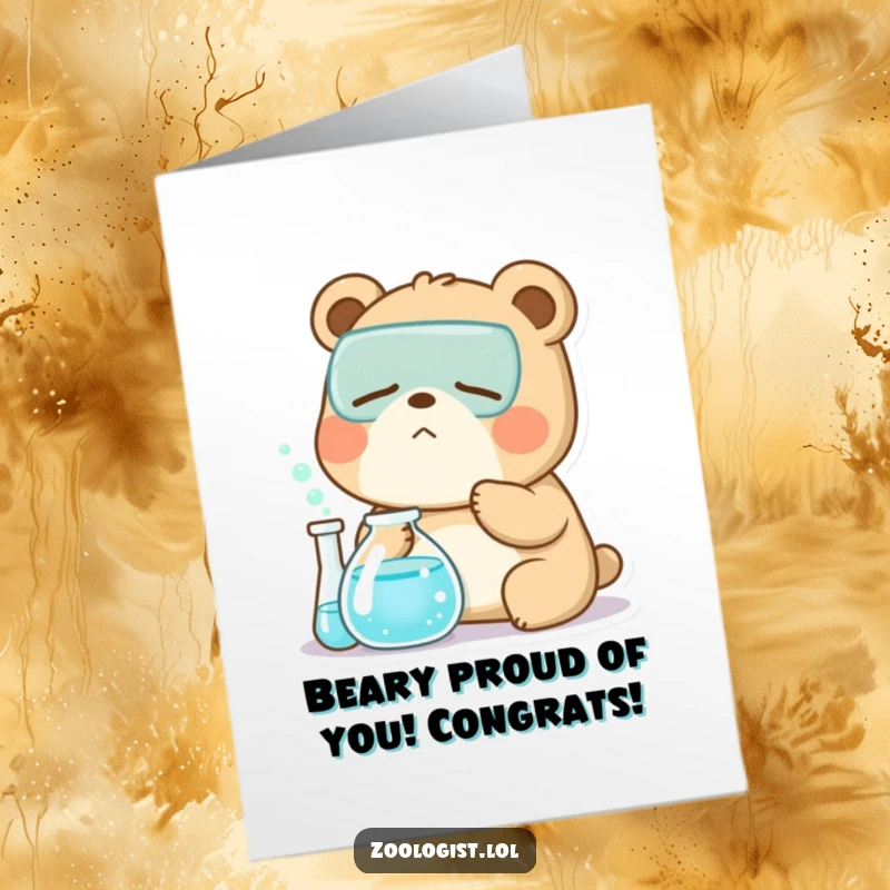 Funny free printable Kawaii bear zoologist yawning near a bubbling beaker, signifying a long experiment concluded.