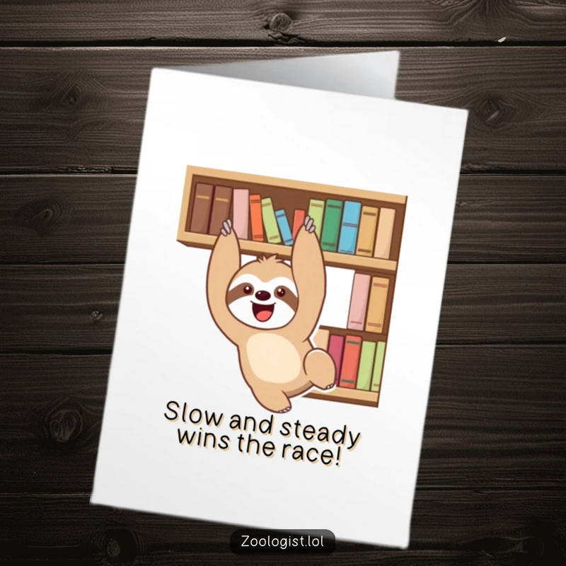 Funny free printable congratulations card: a happy sloth dangles from a bookshelf, celebrating a slow and steady success.