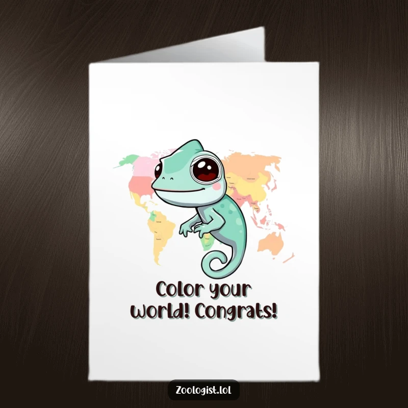 Funny Free Printable Congratulations Card: A happy chameleon camouflaged against a bright world map, celebrating success.
