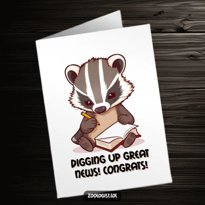 Funny Free Printable Congratulations Card: a badger zoologist diligently taking notes in a small book, celebrating success.