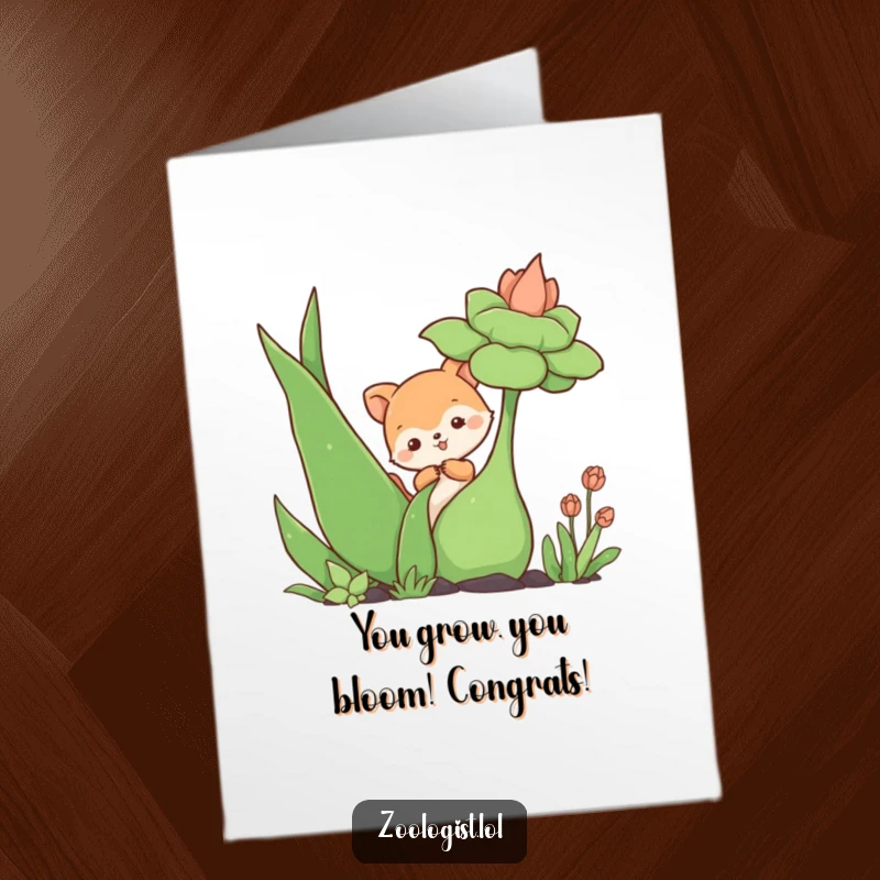 Funny Free Printable Congratulations Card showing a cute animal curiously poking a huge plant, expressing mild surprise.
