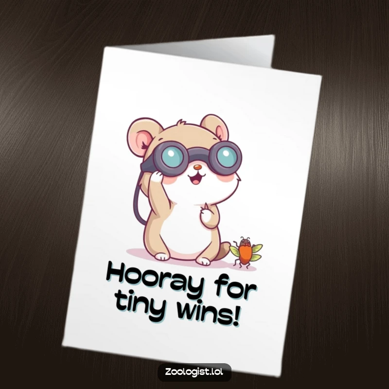 Funny Free Printable Congrats Card: Small animal using binoculars to find a tiny bug, celebrating an achievement.