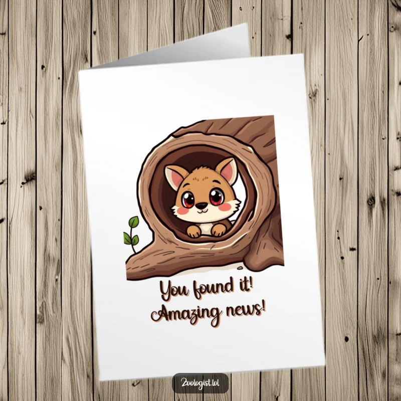 Funny Free Printable Congrats Card: Curious animal with wide eyes looking into a hollow log, symbolizing discovery.
