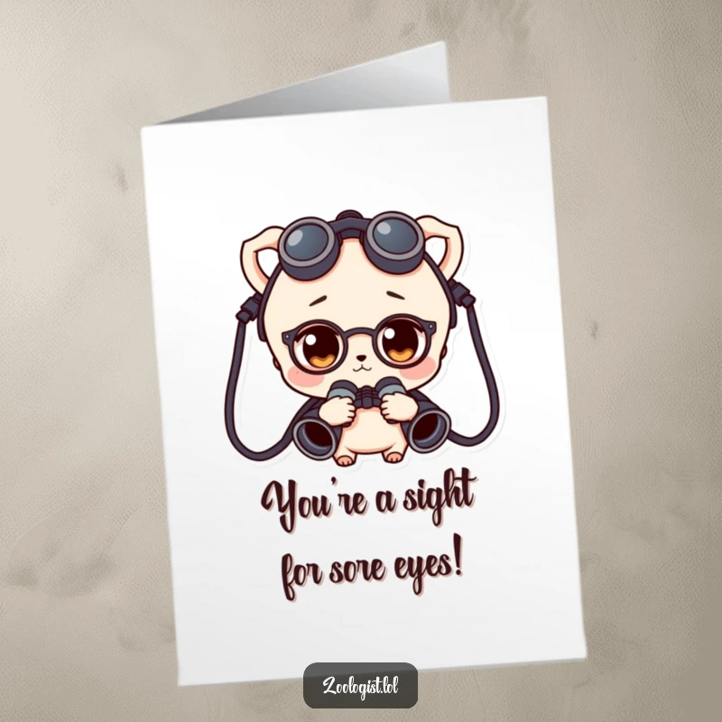 Funny Free Printable Congratulations Card: Character wearing binoculars, curiously observing a grand success with excitement.