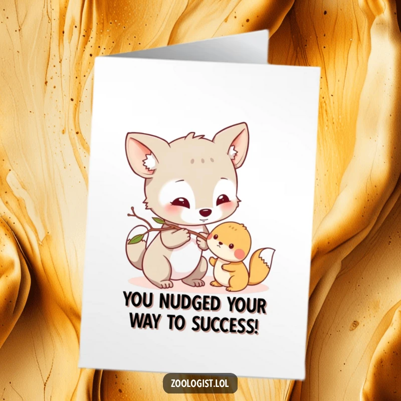 Funny Free Printable Congratulations Card: Curious animal character using a twig to nudge a small creature, a humorous side-by-side celebration.
