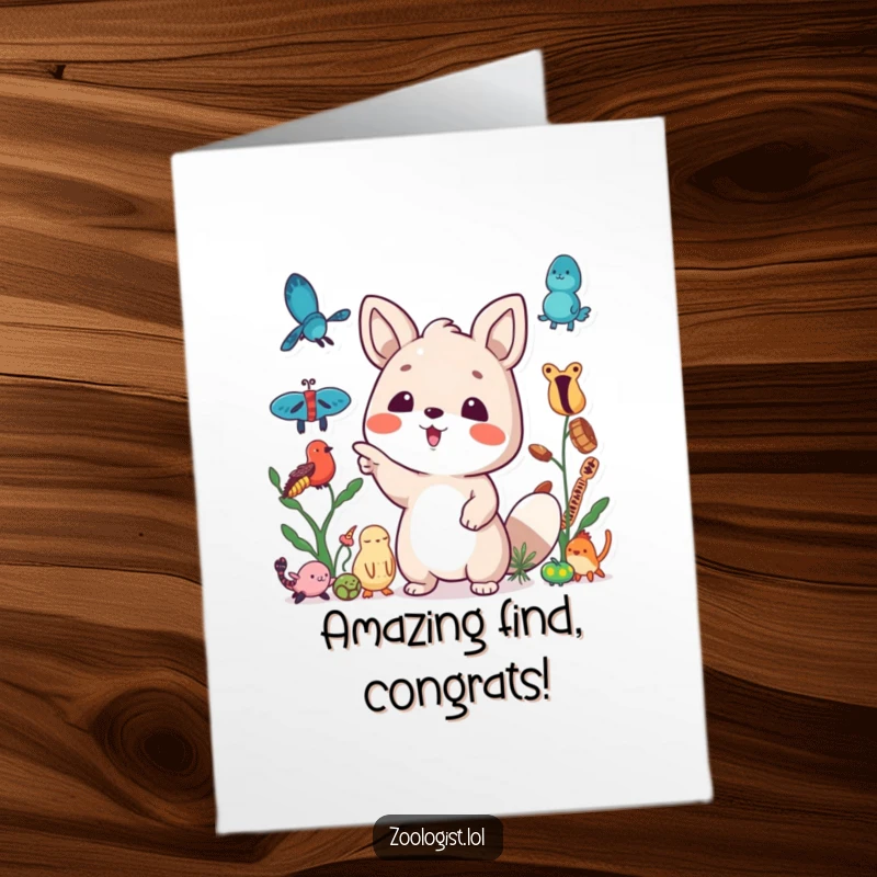 Funny Free Printable Congrats Card: A cute animal points enthusiastically at a collection of strange specimens, celebrating a great achievement, a DIY gift.