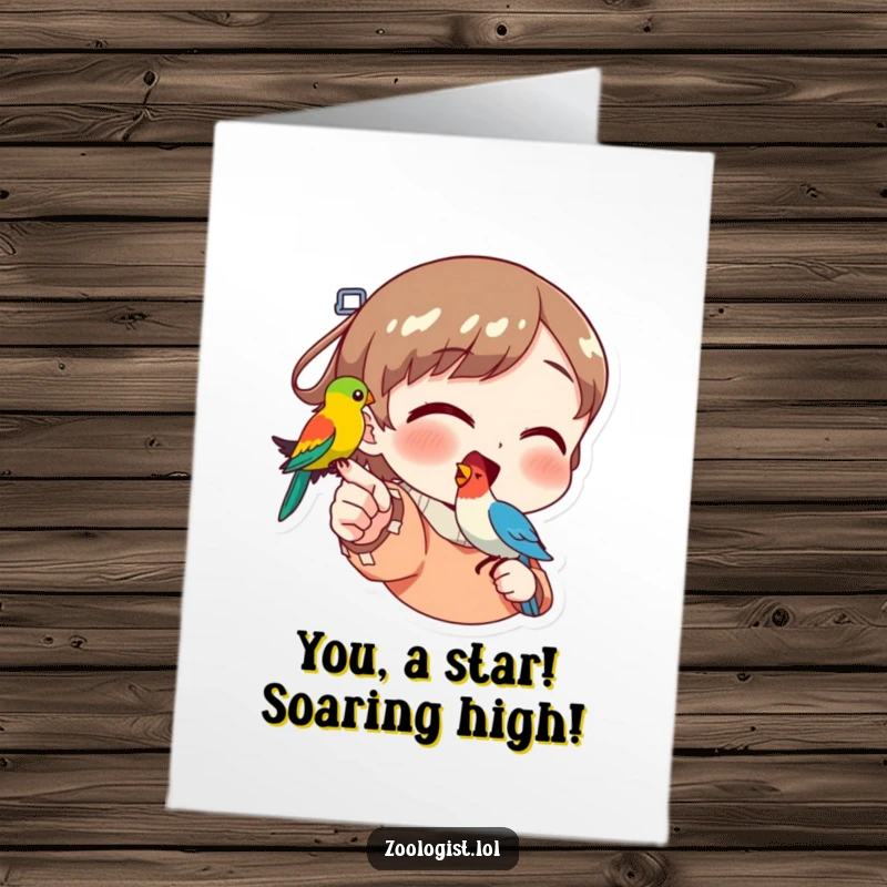 Free Printable Congratulations Card: A character joyfully indicates a bright bird on their finger, celebratory art.