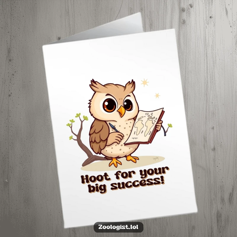 Funny free printable congratulations card: Wise owl artist drawing a detailed savanna map, celebrating your big win with humor.