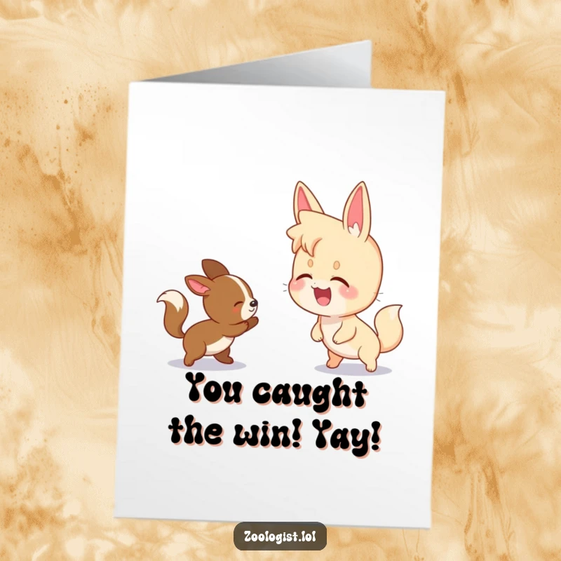 Funny Free Printable Congratulations Card: Character laughs watching animals playfully chase, celebrating success with downloadable lightheartedness.