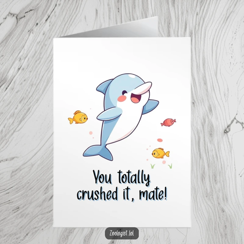 Funny Free Printable Congratulations Card: Excited dolphin leaping joyfully, fins up, celebrating success with fish.