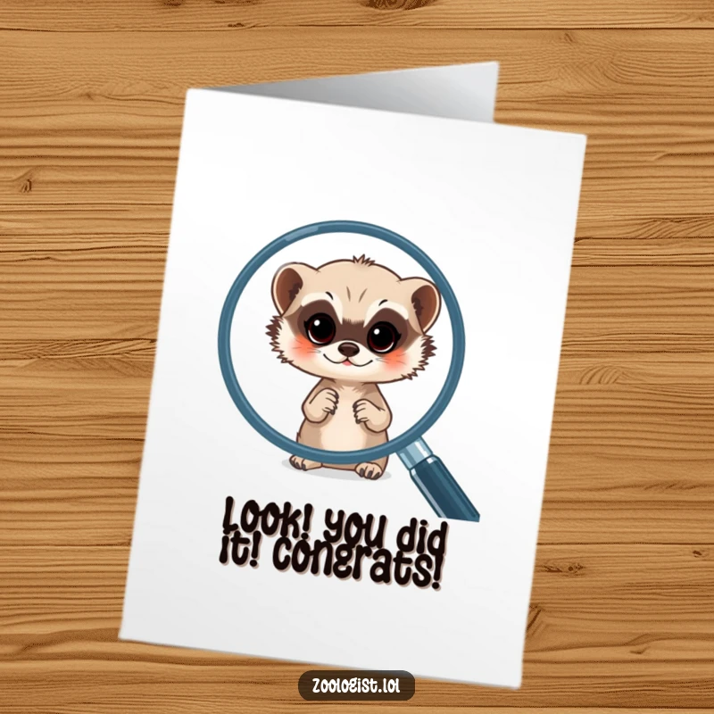 Funny Free Printable Congratulations Card: A meerkat intently peering through a magnifying glass, observing a celebratory confetti.