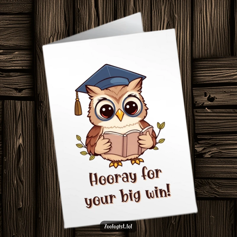 Funny Free Printable Congratulations Card: A kawaii owl zoologist wearing a graduation cap, reading a book to celebrate.