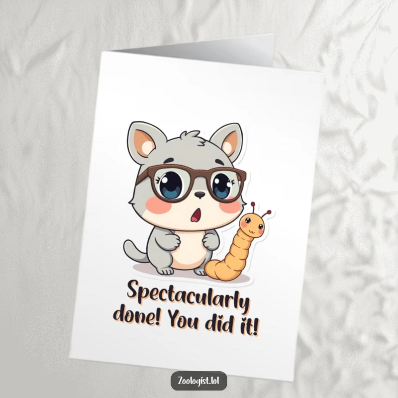 Funny free printable congratulations card showing a shocked animal amazed by a worm wearing glasses.