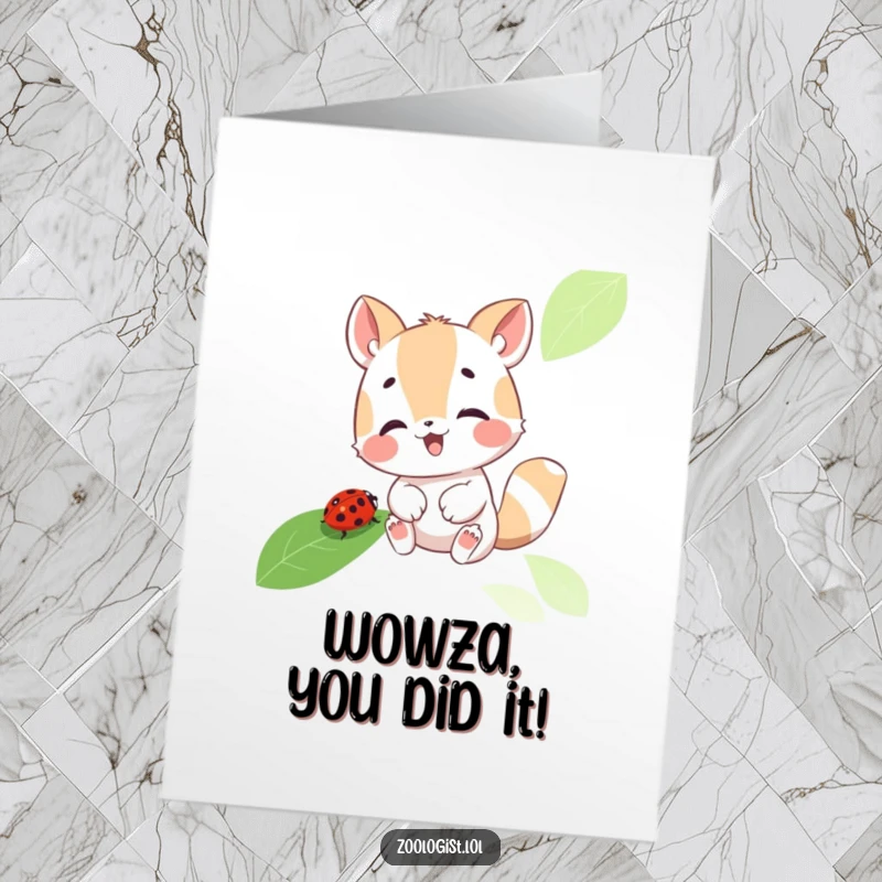 Funny Free Printable Congratulations Card: cute animal character gleefully examining a ladybug on a leaf, celebrating success with humor.