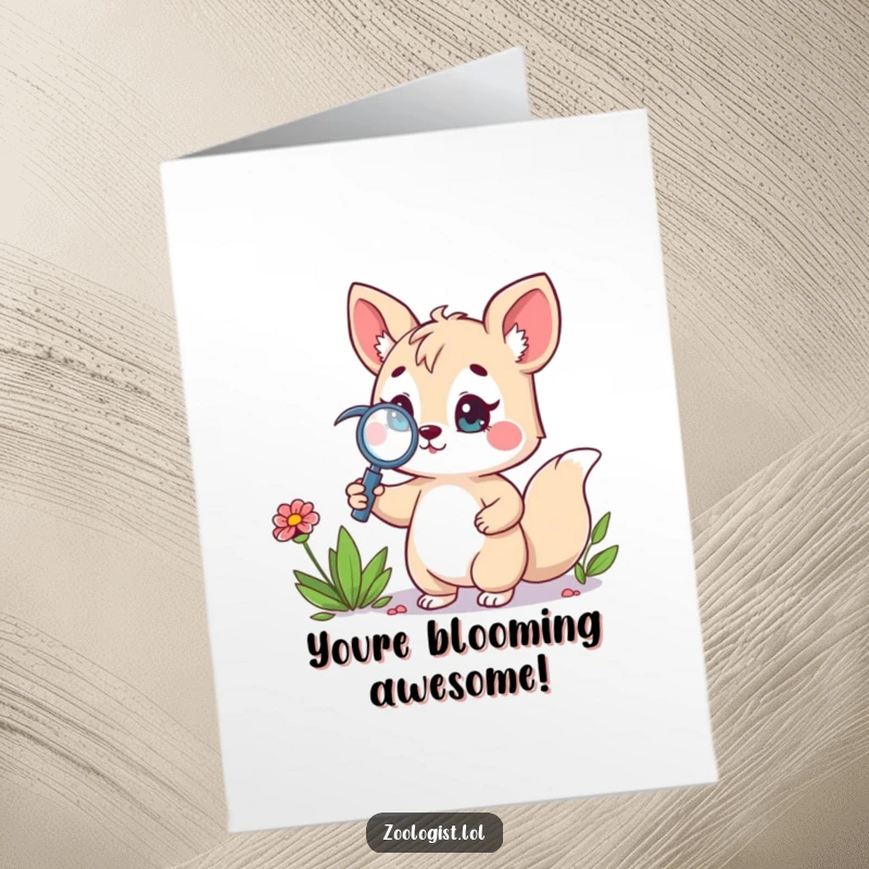 Funny Free Printable Congratulations Card: cute animal character proudly holding a magnifying glass near a wildflower, celebrating a discovery.