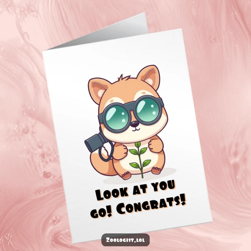 Funny Free Printable Congratulations Card: an animal zoologist using oversized binoculars to inspect a minuscule plant, celebrating.