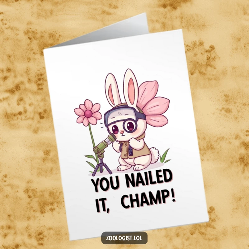 Funny Free Printable Congratulations Card showcasing a focused Kawaii rabbit zoologist marveling at a giant flower, perfect for celebrating achievements.
