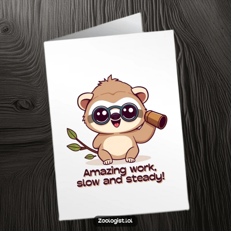 Funny Free Printable Congratulations Card: Happy Kawaii sloth zoologist peers through binoculars, looking utterly amazed.
