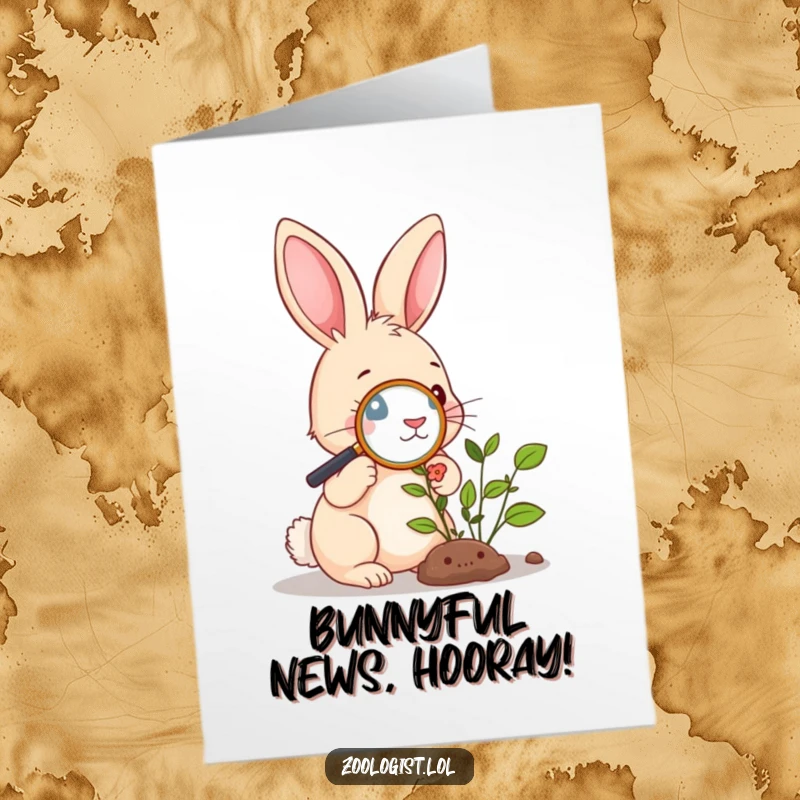 Funny free printable congratulations card: A cute rabbit uses a magnifying glass to inspect a plant, signifying discovery.