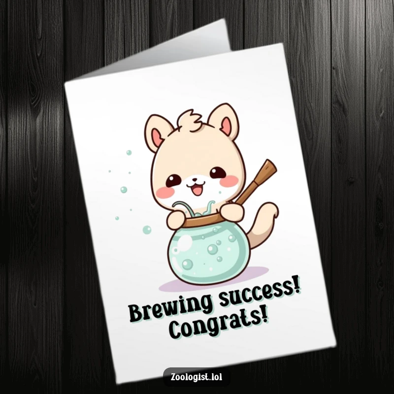 Funny Free Printable Congratulations Card: Cute animal character happily whisks a bubbling potion, celebrating a successful brew.