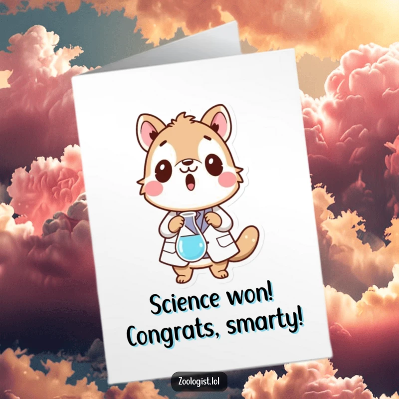 Funny Free Printable Congratulations Card: Surprised animal wearing a lab coat as a beaker falls from its paws, celebrating success via download.