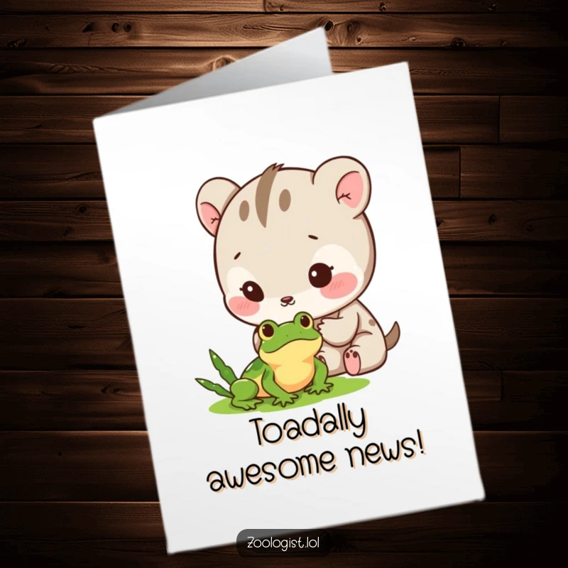 Funny Free Printable Congratulations Card: Cute animal character gently excited about observing a tiny frog, celebrating discovery.