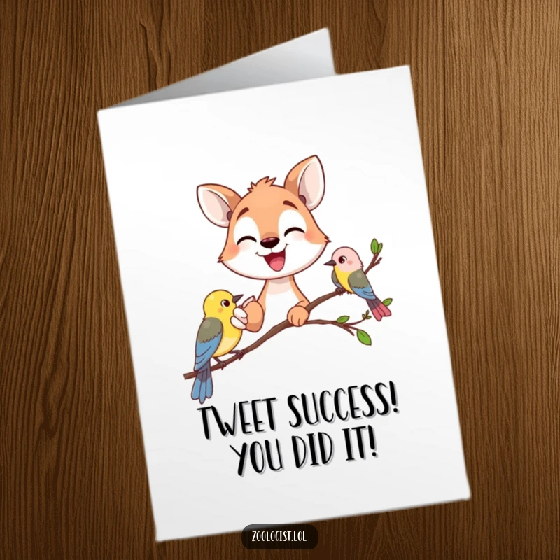 Funny Free Printable Congratulations Card: a happy animal gazer excitedly pointing at a small bird, celebrating a find.