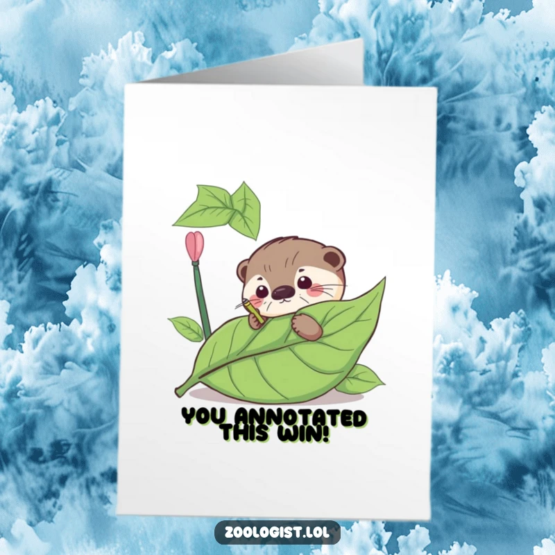 Funny Free Printable Congratulations Card: Curious otter meticulously annotating a giant leaf, celebrating smarts.