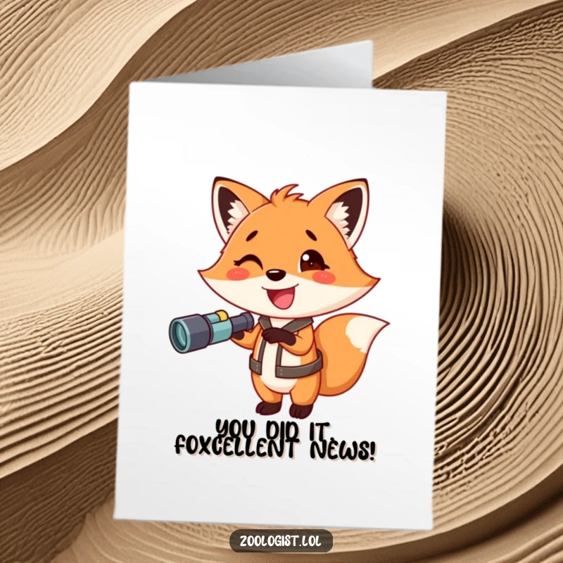 Funny free printable congratulations card: A happy fox holding binoculars, pointing with glee, celebrating your fantastic news with enthusiasm.
