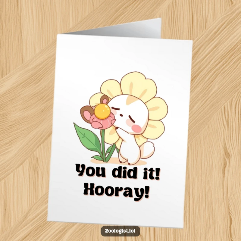 Funny Free Printable Congrats Card: Curious animal playfully nudging a giant, drowsy flower, celebrating success.