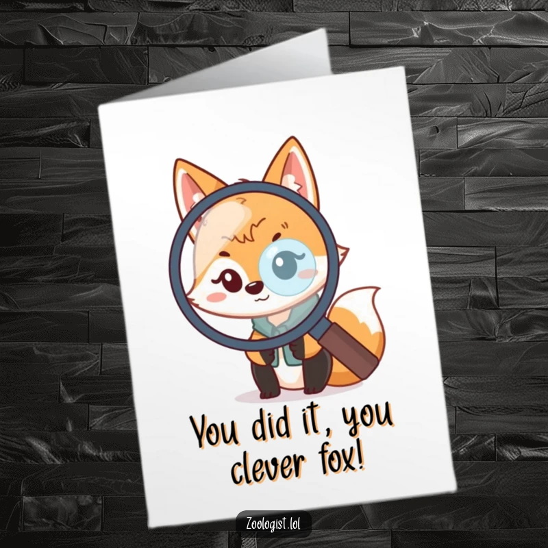 Funny Free Printable Congratulations Card: Playful kawaii fox zoologist peering through a magnifying glass, celebrating your success.