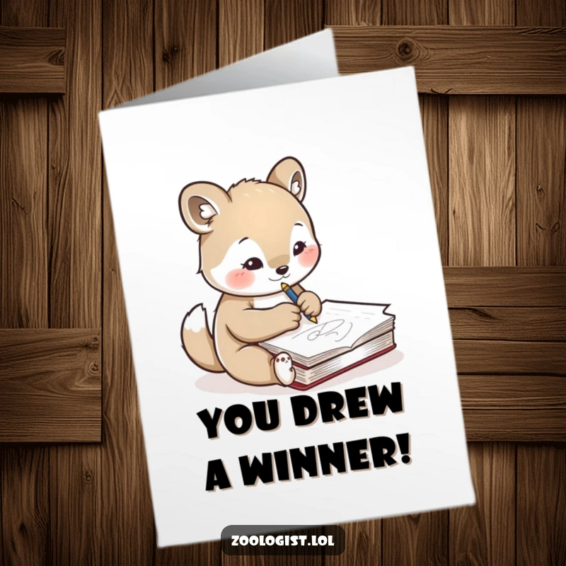 Funny Free Printable Congratulations Card: cute animal character sketching an animal in a notebook with concentration, celebrating artistic success.