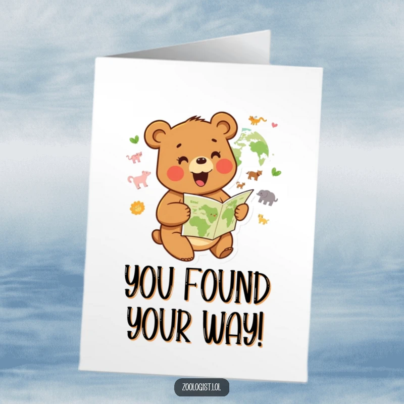 Funny Free Printable Congratulations Card: Joyful bear engrossed in a map of animal habitats, celebrating a successful expedition.